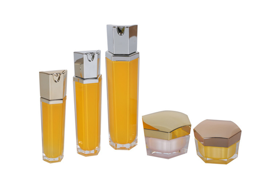 Hexagon Gold/Yellow Beauty Packaging Acrylic 30/60/100ml Moisturizing Lotion Bottles And 30/50g Cream Jar