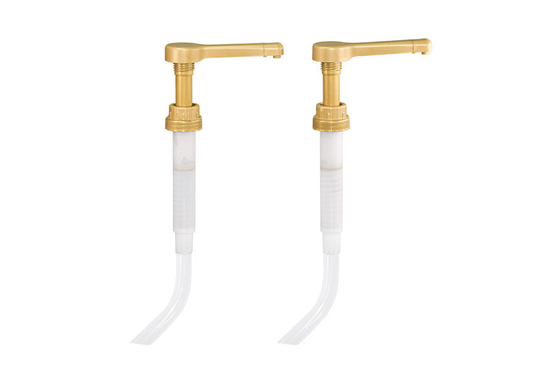 Gold Sauce Dispenser Pump 38-400  15cc and 30cc with Curved straw   GOLD SAUCE PUMPS FOR 64 – 90.4 OZ BOTTLES