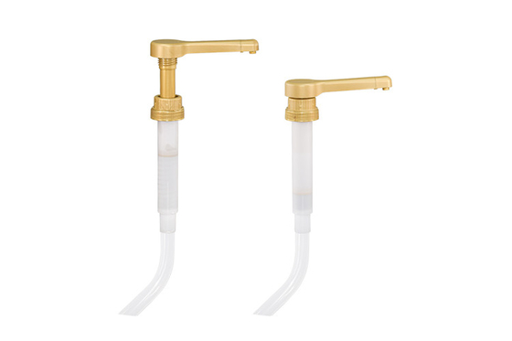 Gold Sauce Dispenser Pump 38-400  15cc and 30cc with Curved straw   GOLD SAUCE PUMPS FOR 64 – 90.4 OZ BOTTLES